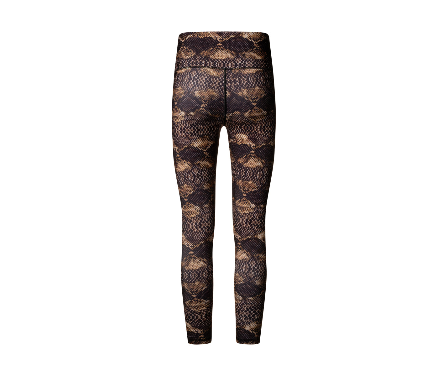 Rückansicht der 411 High Waist Leggings von Lismina in Braun mit Schlangenmuster auf weißem Hintergrund.